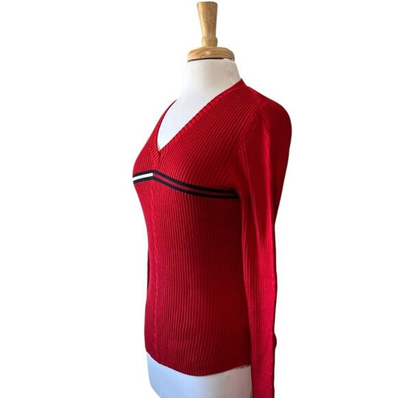 Vintage Y2K Tommy Hilfiger Red Ribbed V-Neck Cable Knit Sweater Women's M - Picture 3 of 8